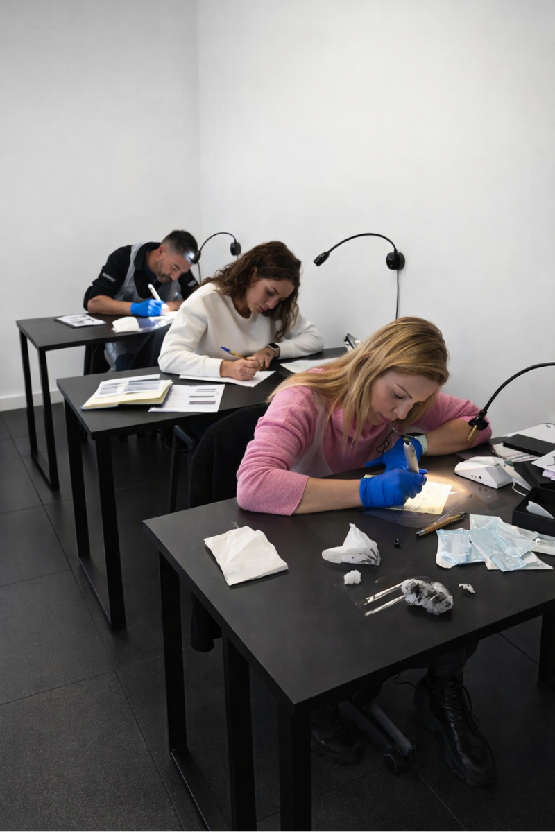 practica de colorimetria durante el curso de Micropigmentacion oficial en Tattoo School Madrid
